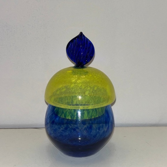Blue and yellow glass decor/candy dish with lid - Picture 1 of 10